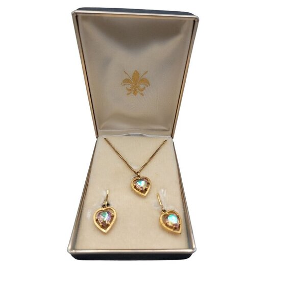 Aurora Borealis Heart Rhinestone 17" Necklace & Dangle Clip On Earrings GoldTone - Picture 5 of 16